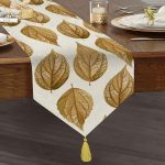 Realhomes 3D Altın Yapraklar Özel Tasarımlı Modern Özel Tasarım Püsküllü Şönil Üçgen Runner Realhomes