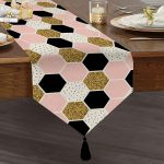 Realhomes Geometrik Petek Desenli Altın Detaylı Modern Özel Tasarım Püsküllü Şönil Üçgen Runner Realhomes