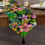 Realhomes Lacivert Zeminli Tropikal Desenli Dijital Baskılı Özel Tasarım Püsküllü Şönil Üçgen Runner Realhomes