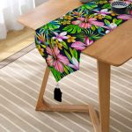 Realhomes Lacivert Zeminli Tropikal Desenli Dijital Baskılı Özel Tasarım Püsküllü Şönil Üçgen Runner Realhomes