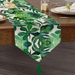 - UcgenRunner-3333-Gorsel1 - Realhomes  Suluboya Tropikal Yapraklar Desenli Özel Tasarım Püsküllü Şönil Üçgen Runner Realhomes