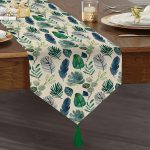 - UcgenRunner-3335-Gorsel1 - Realhomes Pudra Zeminde Suluboya Yapraklar Tasarımlı Dekoratif Püsküllü Şönil Üçgen Runner Realhomes