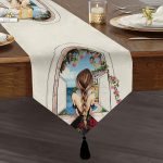 Mutluluk Manzarası Suluboya Çizimli Özel Tasarım Dekoratif Püsküllü Şönil Üçgen Runner Realhomes