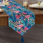 Realhomes Geometrik Mavi Pempe Flamingo Tasarımlı Dijital Baskılı Özel Tasarım Püsküllü Şönil Üçgen Runner Realhomes