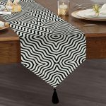 Realhomes Siyah Geometrik Çizgiler Özel Tasarımlı Dekoratif Özel Tasarım Püsküllü Şönil Üçgen Runner Realhomes