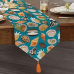 Mavi Zeminde Deniz Kabukları Dijital Baskılı Püsküllü Şönil Üçgen Runner Realhomes