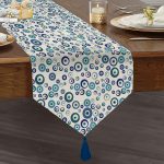 Realhomes Nazar Boncuğu Motifli Dijital Baskılı Modern Püsküllü Şönil Üçgen Runner Realhomes