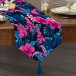 Realhomes Mavi Zeminde Rengarenk Çiçekler Dijital Baskılı Modern Püsküllü Şönil Üçgen Runner Realhomes