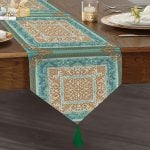 Realhomes Gold Kare Ve Mavinin Uyumu Tasarımlı Dijital Baskılı Püsküllü Şönil Üçgen Runner Realhomes