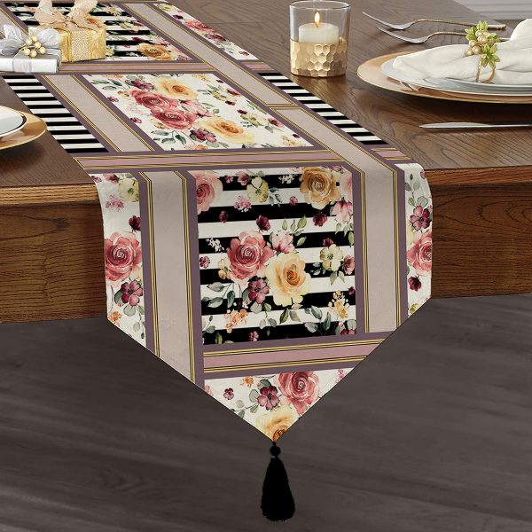 Realhomes Siyah Modern Sanat Tasarımlı Dijital Baskılı Püsküllü Şönil Üçgen Runner Realhomes