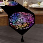 - UcgenRunner-5009siyah-Gorsel1 - Realhomes Siyah Zeminde Renkli Üçüncü Göz Motifli Püsküllü Şönil Üçgen Runner Realhomes