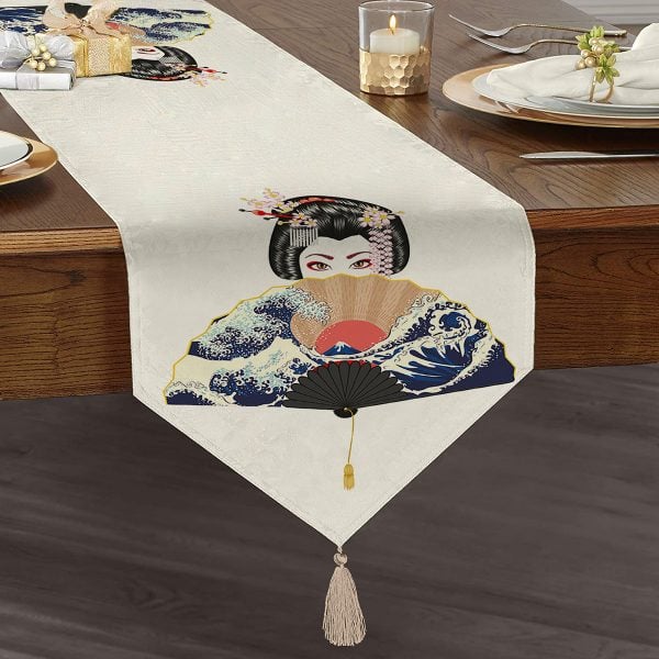 - UcgenRunner-5106-Gorsel1 - Realhomes  Özel Tasarım Lacivert Ikat Desenli Dijital Baskılı Püsküllü Şönil Üçgen Runner Realhomes