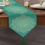 Turkuaz Zeminde Mandala Baskılı Modern Püsküllü Şönil Üçgen Runner Realhomes