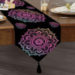 - UcgenRunner-5136siyah-Gorsel1 - Realhomes  Siyah Zeminde Pembe Mavi Mandala Desenli Özel Tasarım Püsküllü Şönil Üçgen Runner Realhomes