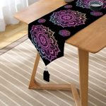 - UcgenRunner-5136siyah-Gorsel2 - Realhomes  Siyah Zeminde Pembe Mavi Mandala Desenli Özel Tasarım Püsküllü Şönil Üçgen Runner Realhomes