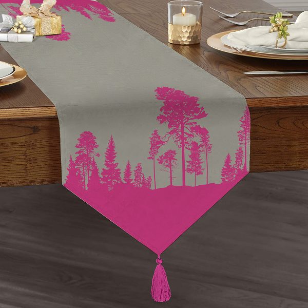 - UcgenRunner-5232fusya-Gorsel1 - Realhomes  Ağaç Dalı Kuş Tasarımlı Dijital Baskılı Püsküllü Şönil Üçgen Runner Realhomes