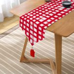 - UcgenRunner-5236kirmizi-Gorsel2 - Realhomes Kırmızı Zeminde Geometrik Kare Motifli Dekoratif Püsküllü Şönil Üçgen Runner Realhomes