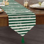 Koyu Yeşil Çizgili Motifli Dekoratif Modern Püsküllü Şönil Üçgen Runner Realhomes