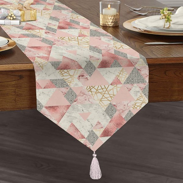 - UcgenRunner-5293-Gorsel1 - Realhomes  Mavi Zemin Üzerinde Sulu Boya Çizim Baskılı Dekoratif Püsküllü Şönil Üçgen Runner Realhomes