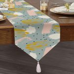 - UcgenRunner-5297-Gorsel1 - Realhomes  Mavi Zemin Üzerinde Sulu Boya Çizim Baskılı Dekoratif Püsküllü Şönil Üçgen Runner Realhomes