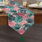 - UcgenRunner-5333-Gorsel1 - Realhomes Pembe Zeminde Canlı Tropik Yaprakları Dijital Baskılı Püsküllü Şönil Üçgen Runner Realhomes