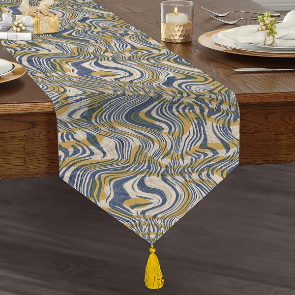 Lacivert Kot Zeminde Soyut Çizimler Baskılı Püsküllü Şönil Üçgen Runner Realhomes