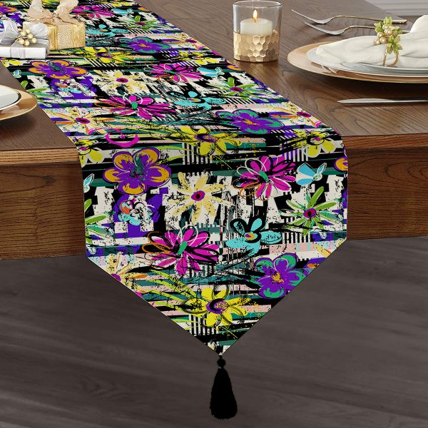 - UcgenRunner-5584-Gorsel1 - Realhomes  Siyah Zemin Üzerinde Neon Zigzag Desenli Dekoratif Püsküllü Şönil Üçgen Runner Realhomes