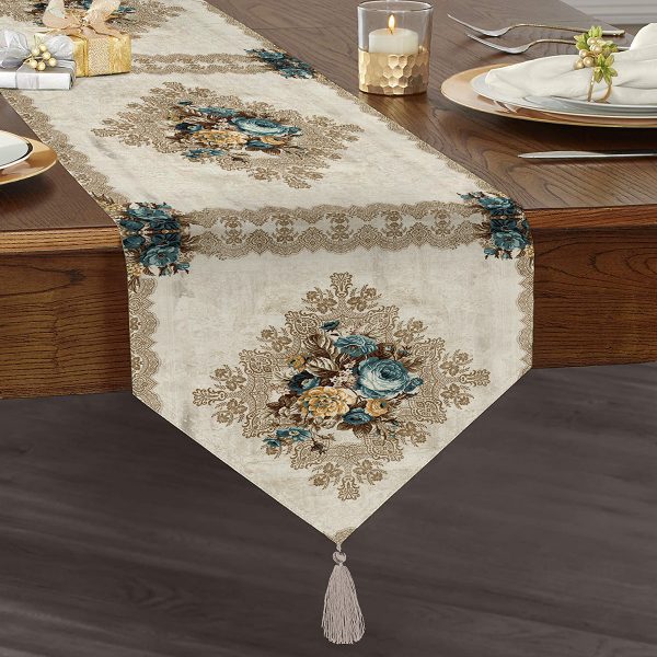 Saks Mavisi Düz Renk Tasarımlı Püsküllü Şönil Üçgen Runner Realhomes