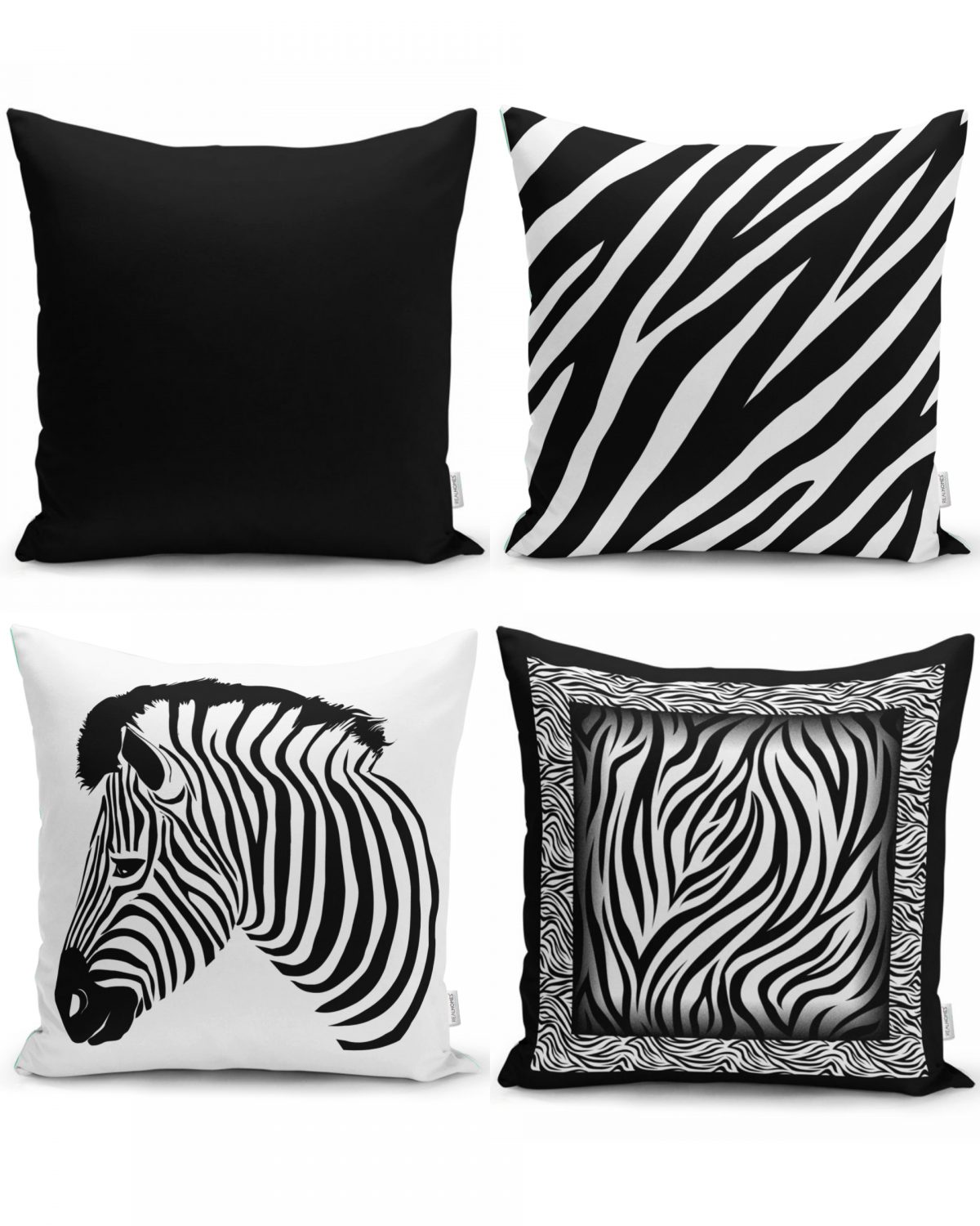 Realhomes Siyah Beyaz Zebra Motifleri 4'lü Kırlent Kılıfı Seti Realhomes
