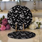 - Supla2li-2041-Gorsel1 - Realhomes  Realhomes Siyah Zeminde Beyaz Çiçekler Dijital Baskılı Modern 2'li Yuvarlak Servis Altlığı - Supla Realhomes