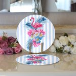 Realhomes Çizgili Flamingo Zeminli Modern 2'li Yuvarlak Servis Altlığı - Supla Realhomes