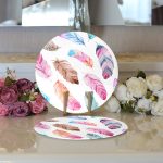 Realhomes Renkli Kuş Tüyleri Çizimli Dijital Baskılı Modern 2'li Yuvarlak Servis Altlığı - Supla Realhomes