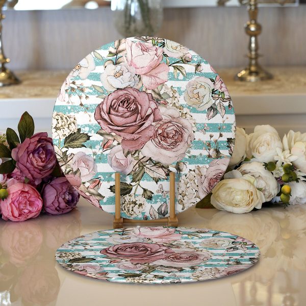 - Supla2li-2478-Gorsel1 - Realhomes  Realhomes Renkli Zemin Üzerinde Pastel Renkli Yaprak Desenli Modern 2'li Yuvarlak Servis Altlığı - Supla Realhomes