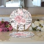 Realhomes Gri Çizgi Desenli Kavaniçe Çiçek Motifli Modern 2'li Yuvarlak Servis Altlığı - Supla Realhomes