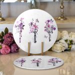 - Supla2li-2494-Gorsel1 - Realhomes Realhomes Mor Renk Anahtar Motifli Çiçek Desenli Çizgili Modern 2'li Yuvarlak Servis Altlığı - Supla Realhomes