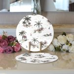 Realhomes Beyaz Temalı Palmiye Adası Dijital Baskılı Modern 2'li Yuvarlak Servis Altlığı - Supla Realhomes