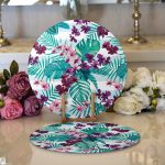 Realhomes Turkuaz Temalı Eflatun Çiçek Desenli Modern 2'li Yuvarlak Servis Altlığı - Supla Realhomes