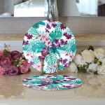 Realhomes Turkuaz Temalı Eflatun Çiçek Desenli Modern 2'li Yuvarlak Servis Altlığı - Supla Realhomes