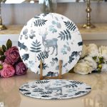 Realhomes Beyaz Zeminli Geyik ve Yaprak Motifleri Dijital Baskılı Modern 2'li Yuvarlak Servis Altlığı - Supla Realhomes