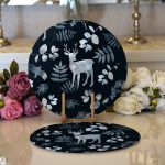 Realhomes Lacivert Zeminde Geyik ve Yaprak Motifleri Dijital Baskılı Modern 2'li Yuvarlak Servis Altlığı - Supla Realhomes