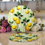 Realhomes Yeşil Zeminli 3 Boyutlu Limon Desenli Dijital Baskılı Modern 2'li Yuvarlak Servis Altlığı - Supla Realhomes