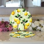 Realhomes Yeşil Zeminli 3 Boyutlu Limon Desenli Dijital Baskılı Modern 2'li Yuvarlak Servis Altlığı - Supla Realhomes