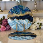 - Supla2li-3126-Gorsel1 - Realhomes  Realhomes Altın Varaklı Mavi Zeminli Modern 2'li Yuvarlak Servis Altlığı - Supla Realhomes