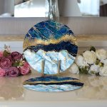 - Supla2li-3126-Gorsel3 - Realhomes  Realhomes Altın Varaklı Mavi Zeminli Modern 2'li Yuvarlak Servis Altlığı - Supla Realhomes