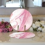 Realhomes Pembe Beyaz Mermer Desenli Dijital Baskılı Modern 2'li Yuvarlak Servis Altlığı - Supla Realhomes