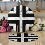 Realhomes Mermer Zeminli Siyah Geometrik Desenli Modern 2'li Yuvarlak Servis Altlığı - Supla Realhomes