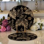 - Supla2li-3189-Gorsel1 - Realhomes  Realhomes Siyah Zeminde Altın Renkli Yapraklar Desenli Modern 2'li Yuvarlak Servis Altlığı - Supla Realhomes