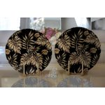 - Supla2li-3189-Gorsel2 - Realhomes  Realhomes Siyah Zeminde Altın Renkli Yapraklar Desenli Modern 2'li Yuvarlak Servis Altlığı - Supla Realhomes