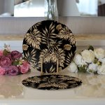 - Supla2li-3189-Gorsel3 - Realhomes  Realhomes Siyah Zeminde Altın Renkli Yapraklar Desenli Modern 2'li Yuvarlak Servis Altlığı - Supla Realhomes