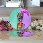 Realhomes Yeşil ve Mor Ananas Temalı Özel Tasarım Modern 2'li Yuvarlak Servis Altlığı - Supla Realhomes